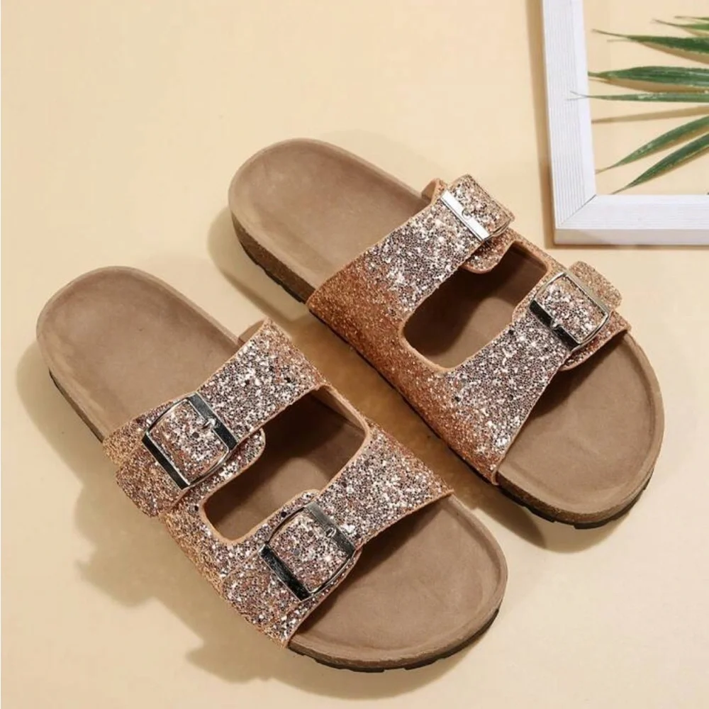 Glamorous Sandals For Women, Glitter Double Buckle Decor Flat Sandals - Picture 5 of 6